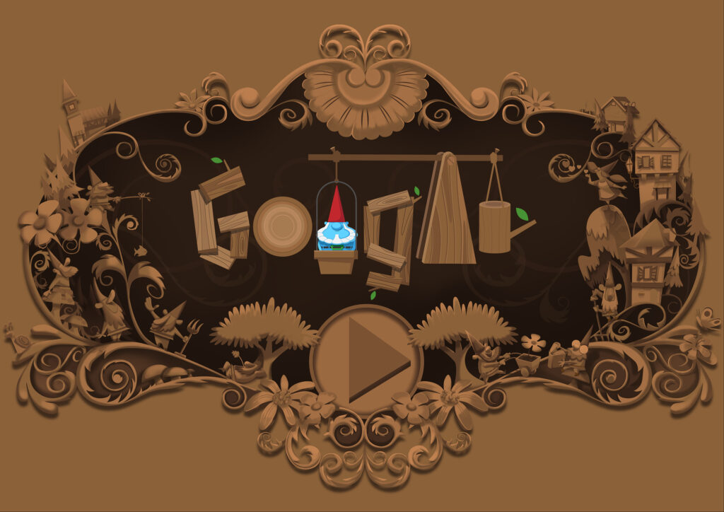 Vector art and create JS, Google Doodle, stylized design, animation, game design, character design, art direction,for Google homepage by designer, illustrator, animator Gerben Steenks. Game art and game design. Digital painting. Use your trusty catapult (or trebuchet to be precise) to launch your clay gnomes into the farthest reaches of your garden